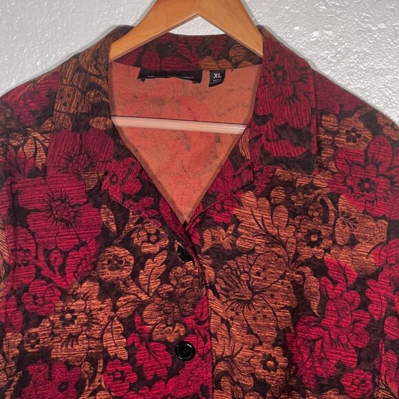 Vintage-Inspired XL Red  Brown Floral Button-Up Blazer Jacket BRIGGS NEW YORK - Picture 3 of 16
